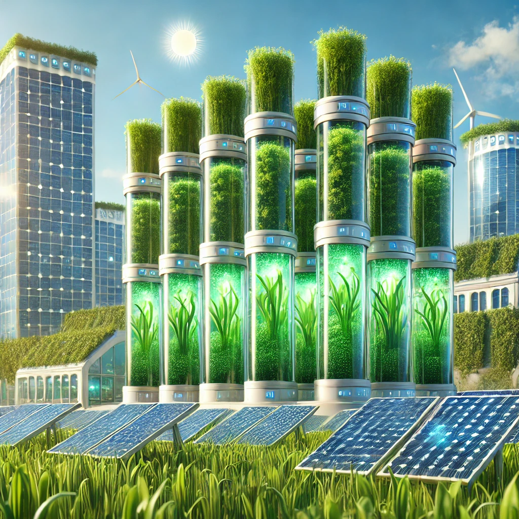 Instalación futurista con biorreactores llenos de plantas y microalgas verdes, rodeados de paneles solares, edificios con cubiertas vegetales y turbinas eólicas bajo un cielo soleado.