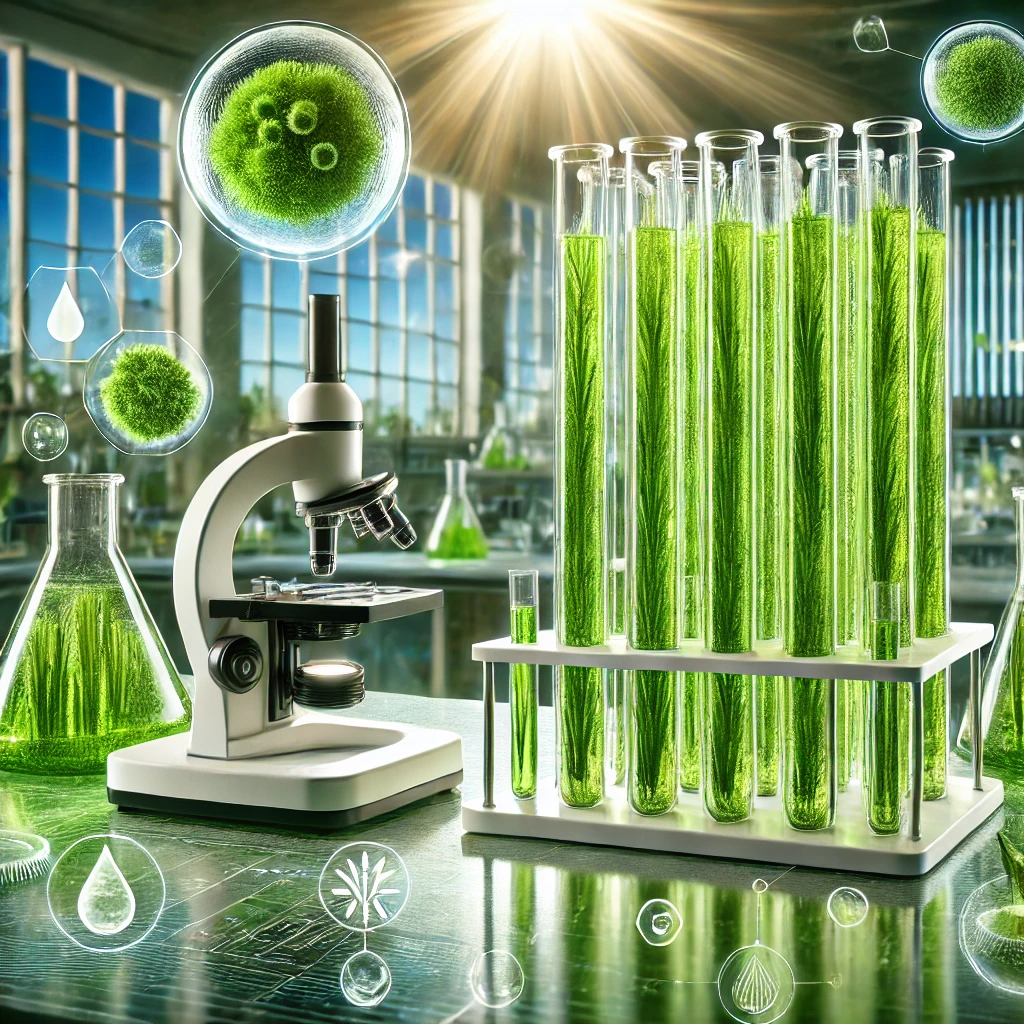 Laboratorio científico con un microscopio y tubos de ensayo llenos de algas verdes, rodeados de representaciones gráficas de organismos microscópicos y gotas de agua, bajo la luz brillante del sol.