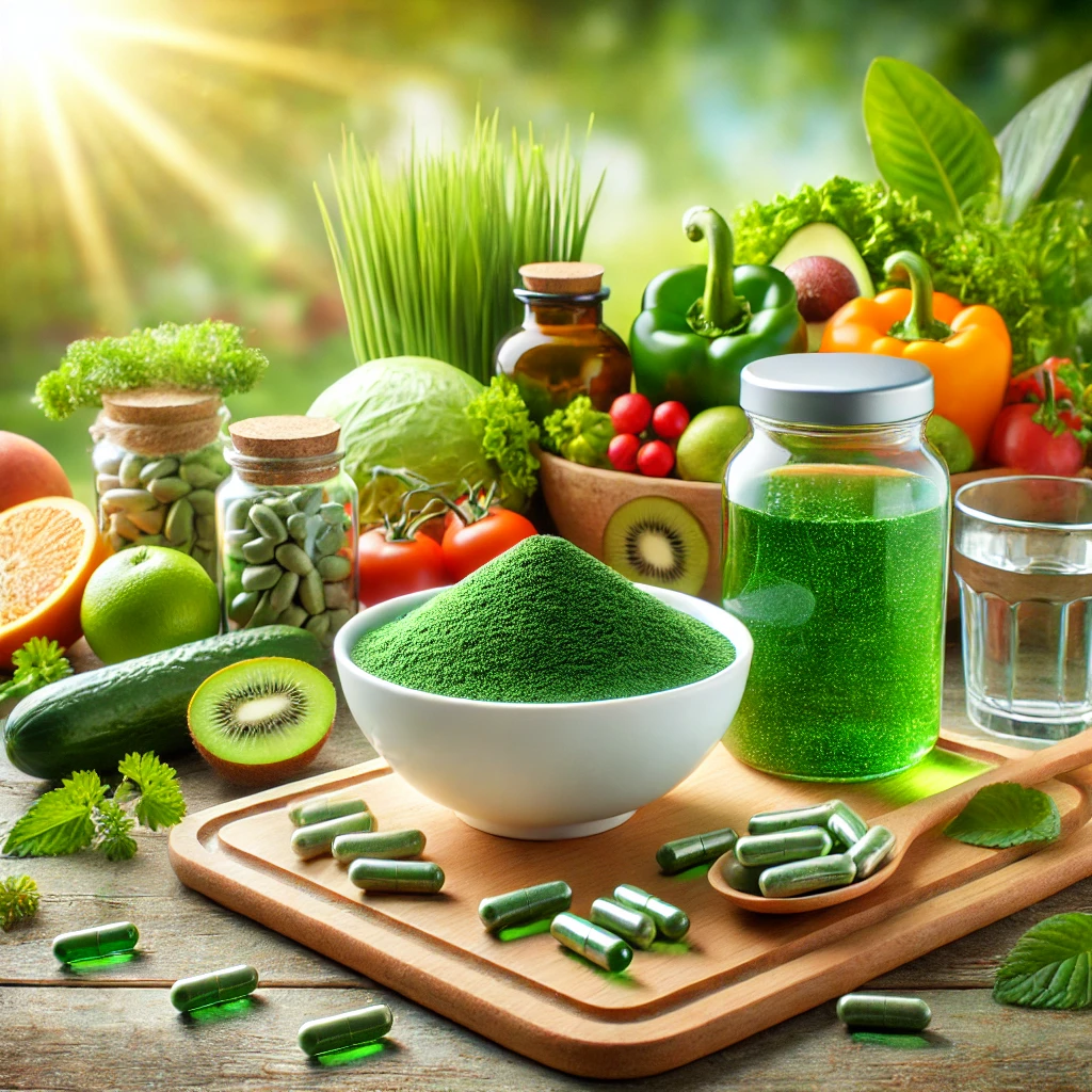 Mesa con alimentos frescos y naturales, incluyendo frutas, verduras y suplementos nutricionales verdes como polvo de algas, cápsulas y bebidas, en un entorno iluminado por la luz del sol.